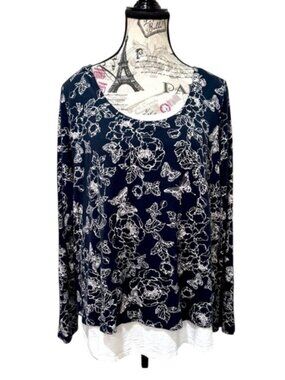 J. Jill Blue & White Butterfly Graphic Long Sleeve Top size Medium